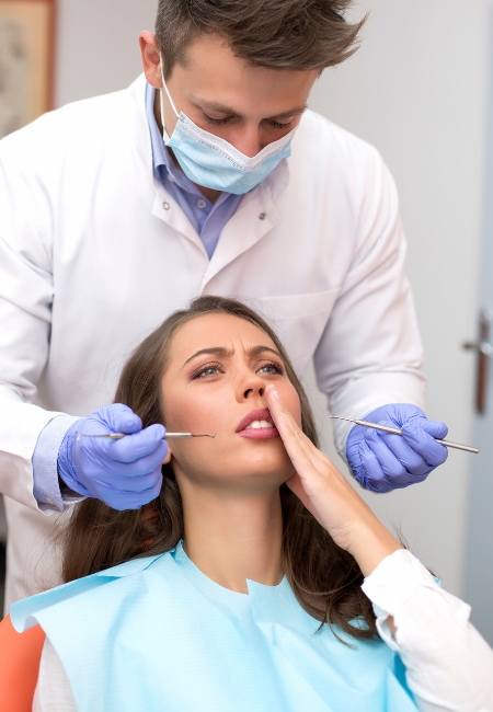 A woman sits in a dental chair